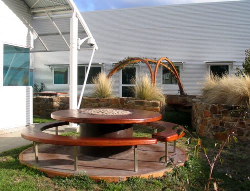 Forensic Science Lab Outside Tables, raised garden beds and arbour